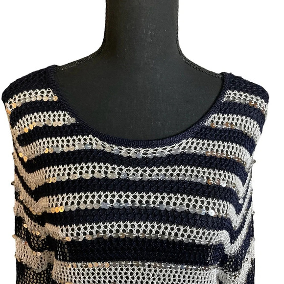 Chicos Navy and White Sweater with Silver Sequins Size 3 - Picture 2 of 13